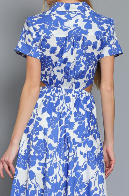 AAKAA SHORT SLEEVE COLLAR AND CUT-OUT WAISTED MIDI DRESS