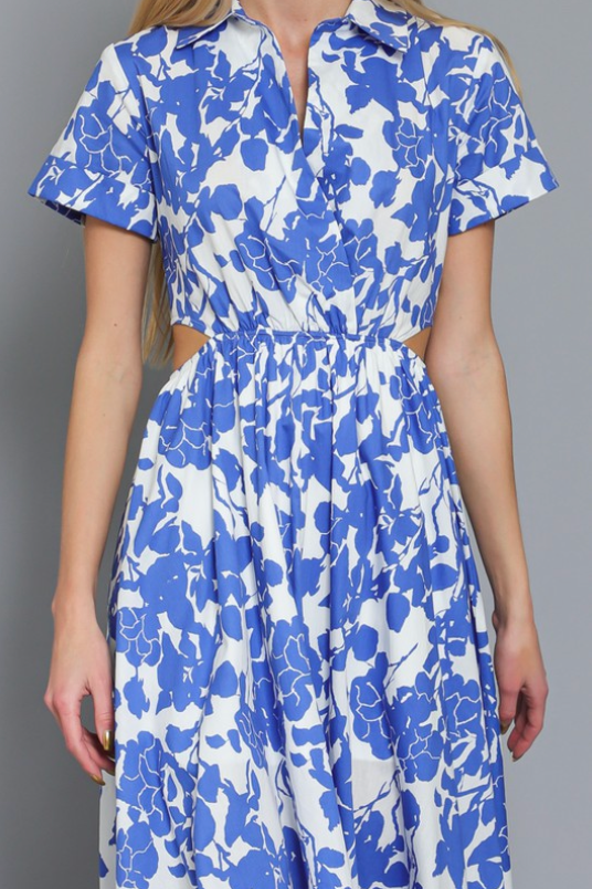 AAKAA SHORT SLEEVE COLLAR AND CUT-OUT WAISTED MIDI DRESS