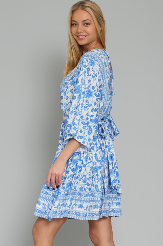 AAKAA KIMONO SLEEVE TIE BACK WAISTED BORDER PRINTED MINI