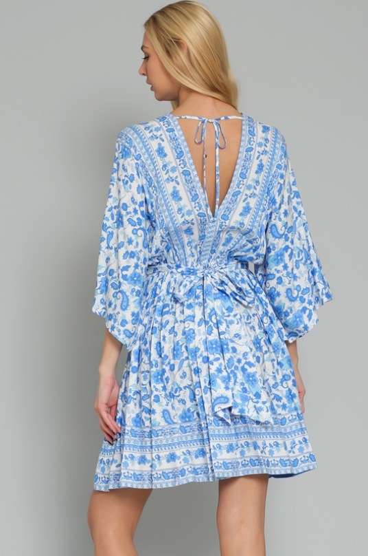 AAKAA KIMONO SLEEVE TIE BACK WAISTED BORDER PRINTED MINI