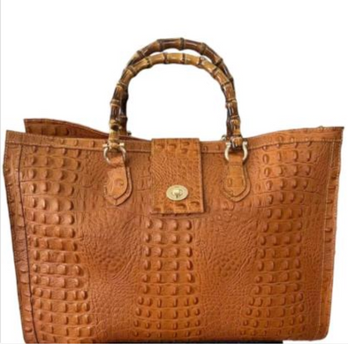 Crocodile Embossed Leather Bag Bamboo Handles Made In Italy