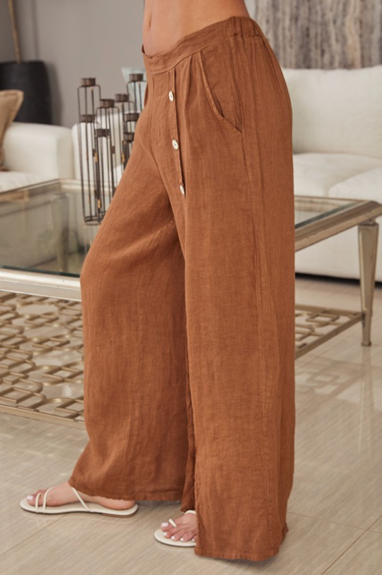 MILIO MILANO ITALIAN LINEN BUTTON TRIM WIDE LEG PANTS