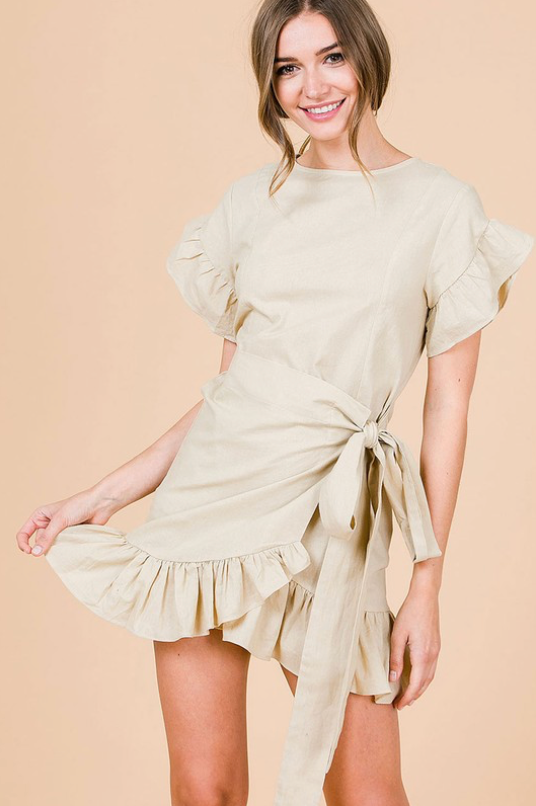 RUFFLED DRESS WITH WRAP SKIRT AND WRAP BELT