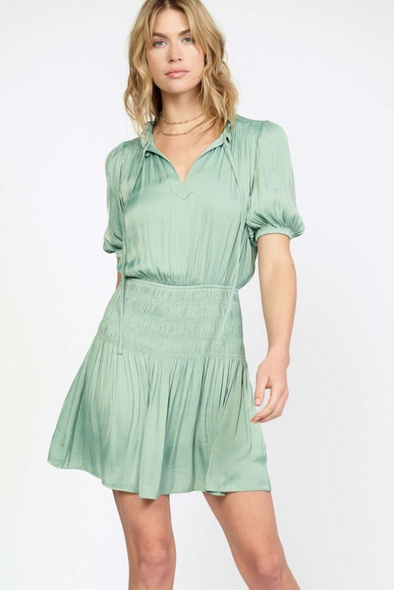 CURRENT AIR SMOCKED WAIST RUFFLED SPLIT NECK MINI DRESS