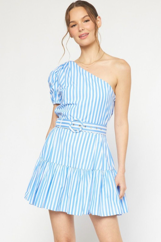 STRIPED SINGLE SLEEVE TIERED MINI DRESS