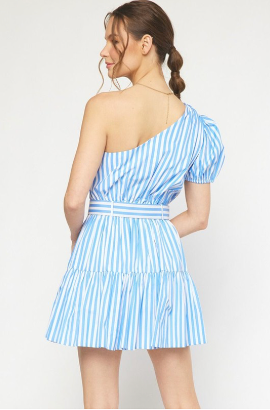 STRIPED SINGLE SLEEVE TIERED MINI DRESS