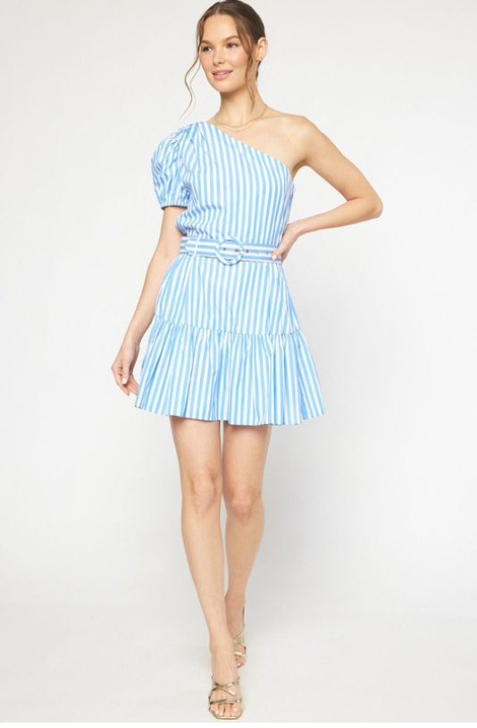 STRIPED SINGLE SLEEVE TIERED MINI DRESS