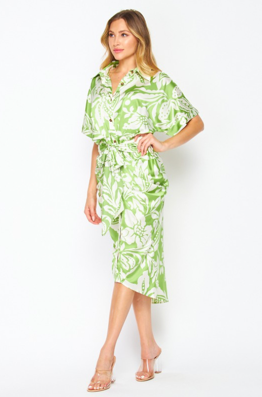 SHORT SLEEVE FLORAL PRINTED MIDI DRESS WITH SASH