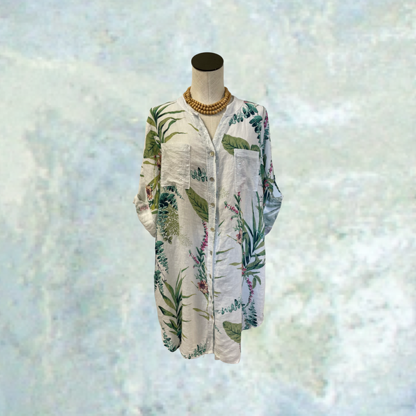 Italian Linen Shirt Dress Cover Up Botanical Print