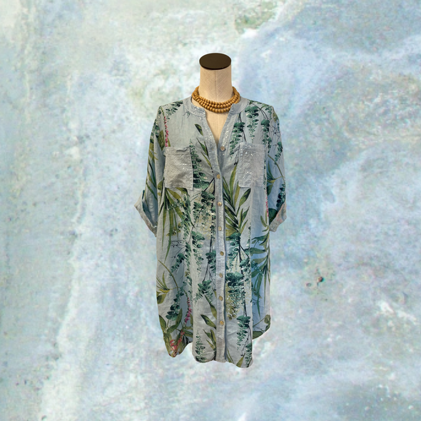 Italian Linen Shirt Dress Cover Up Botanical Print