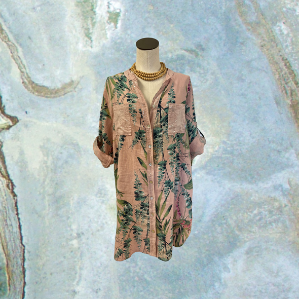 Italian Linen Shirt Dress Cover Up Botanical Print