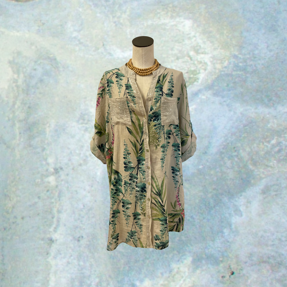 Italian Linen Shirt Dress Cover Up Botanical Print