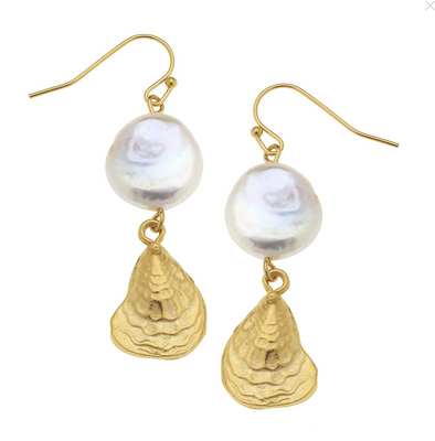 Susan Shaw Coin Pearl & Oyster Earrings Gold