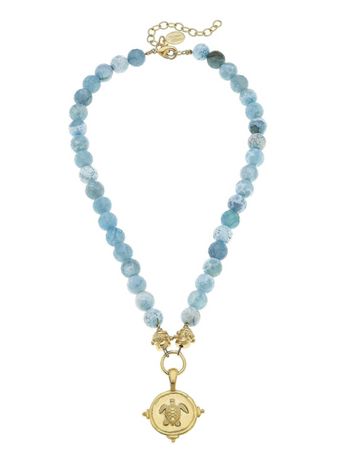 Susan Shaw Gold Turtle On Aqua Fire Agate Necklace
