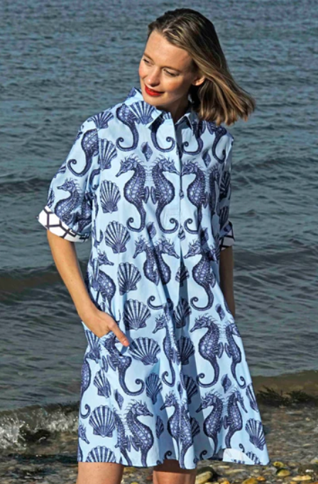 Dizzy Lizzie Monterey Dress Ocean Blue Ground With Seahorses