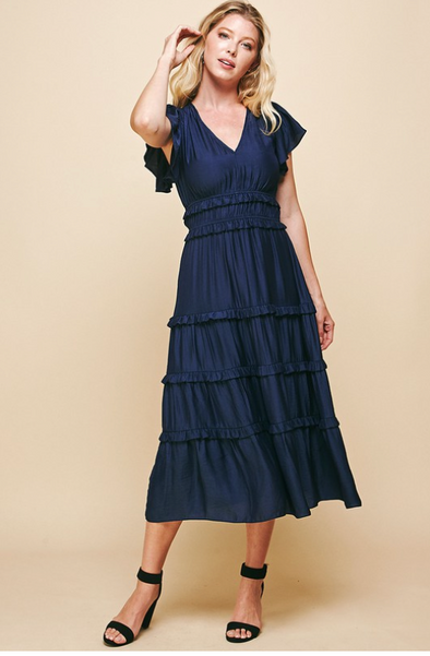 PINCH V NECK TIERED MAXI DRESS