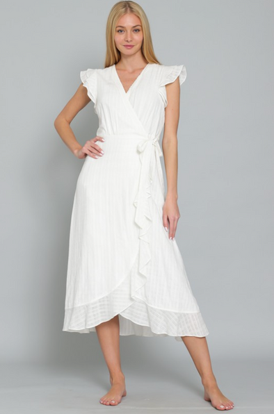 AAKAA RUFFLE SLEEVE LACE TRIM NECK WRAP MIDI DRESS