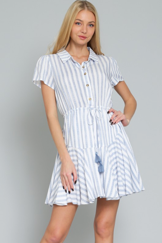 AAKAA SHORT SLEEVE SHIRT TIE FRONT WAISTED MINI DRESS