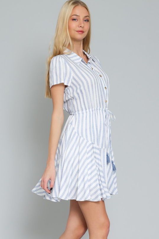 AAKAA SHORT SLEEVE SHIRT TIE FRONT WAISTED MINI DRESS