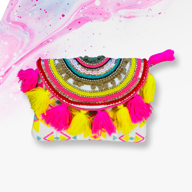 Fringed Tassel Clutch With Hand Beading & Sequins