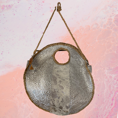 Metallic Silver Jute And Cowhide Round Purse